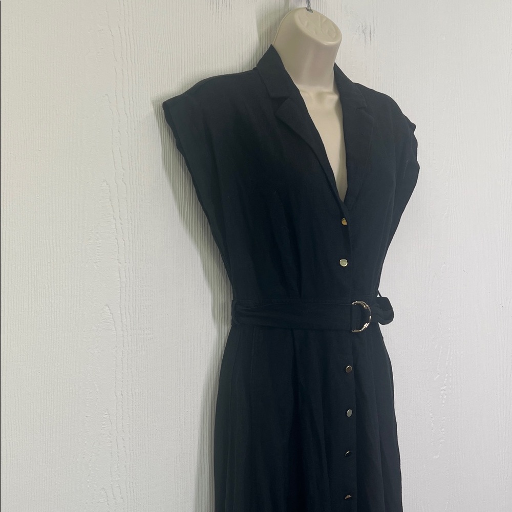 Zara - Black Linen Blend Short Sleeve Golden Button Belted Maxi Dress Size Small - Picture 3 of 10